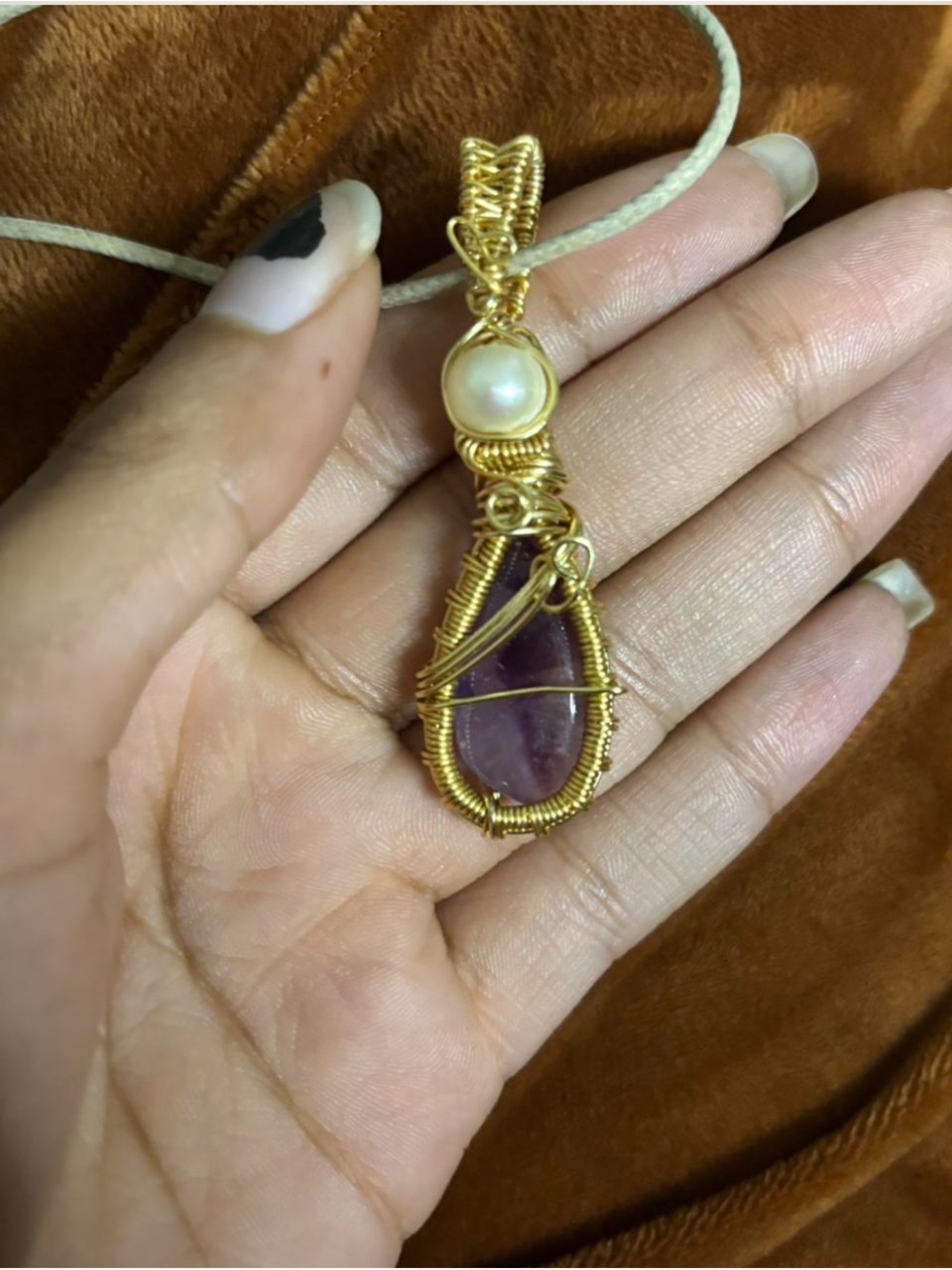Handmade Gold Wire-Wrapped Purple Amethyst Pendant with Pearl Accent